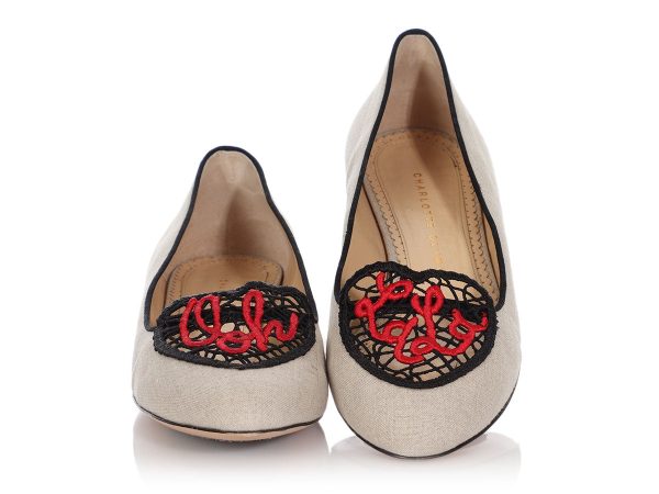 Charlotte Olympia Beige Linen Ooh La La! Crochet Heart Flats Supply