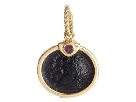 18K Yellow Gold Onyx and Ruby Cameo Pendant For Discount