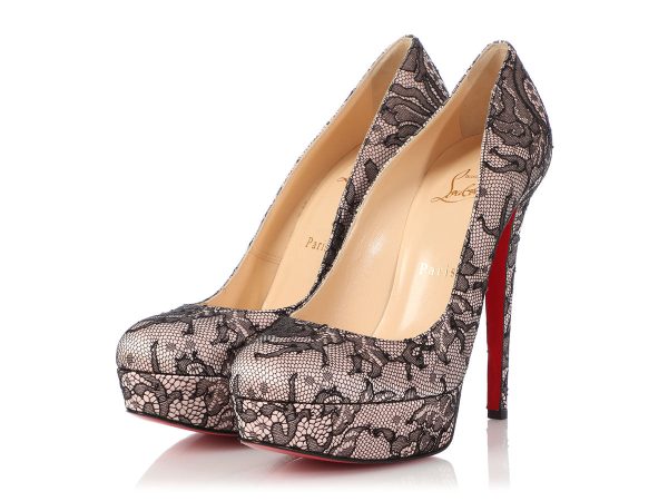 Christian Louboutin Pink Satin and Black Lace Platform Pumps Online