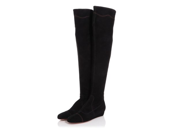 Alaïa Black Suede Tall Flat Boots Online Sale