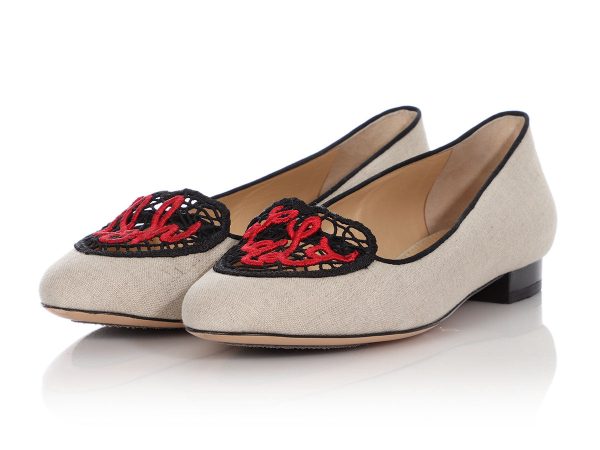 Charlotte Olympia Beige Linen Ooh La La! Crochet Heart Flats Supply