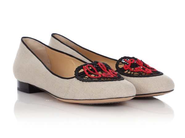 Charlotte Olympia Beige Linen Ooh La La! Crochet Heart Flats Supply