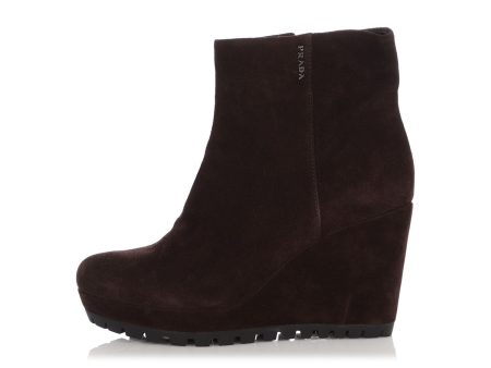 Prada Brown Suede Platform Wedge Ankle Boots Online now