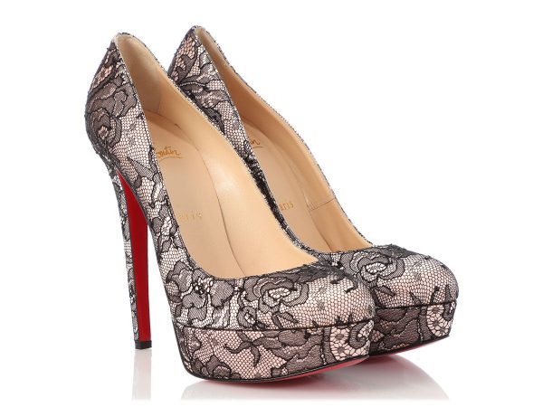 Christian Louboutin Pink Satin and Black Lace Platform Pumps Online