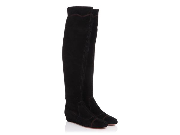 Alaïa Black Suede Tall Flat Boots Online Sale