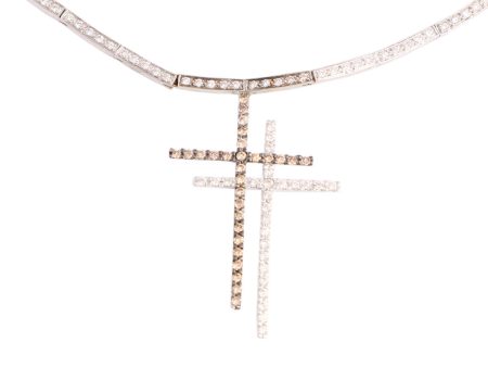 14K White Gold White and Brown Diamond Double Cross Pendant Necklace Online now