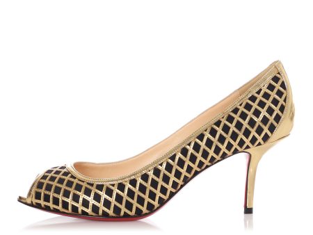 Christian Louboutin Black and Gold Net Peep Toe Pumps on Sale