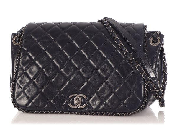 Chanel Navy Quilted Distressed Calfskin Chain Flap Cheap