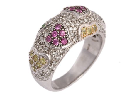 14K White Gold Diamond Multicolor Sapphire Hearts Ring Online