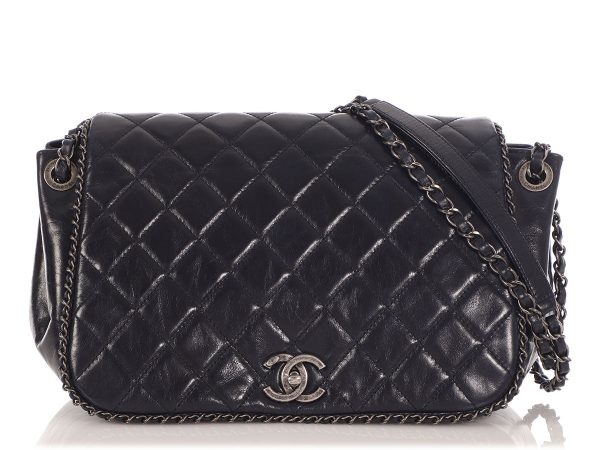 Chanel Navy Quilted Distressed Calfskin Chain Flap Cheap