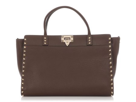 Valentino Medium Brown Rockstud Leather Tote on Sale