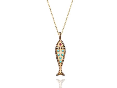 TURQUOISE AND CHAMPAGNE DIAMOND FISH NECKLACE Fashion