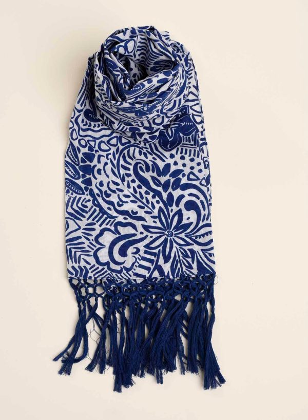 Indigo Bloom Fringe Scarf Hot on Sale